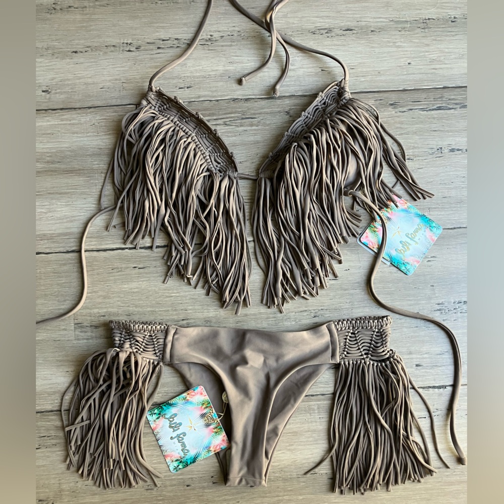 Luli Fama Free People Heart of a Hippie Macrame sand fringe bikini Set
